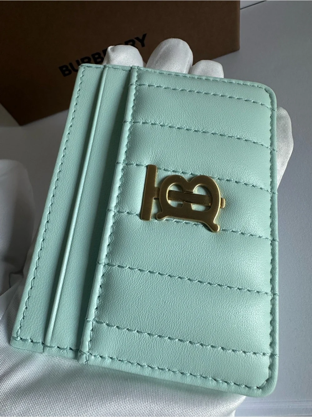 NWT Burberry Lola Cool Mint Quilted Leather TB Card Case Full Set